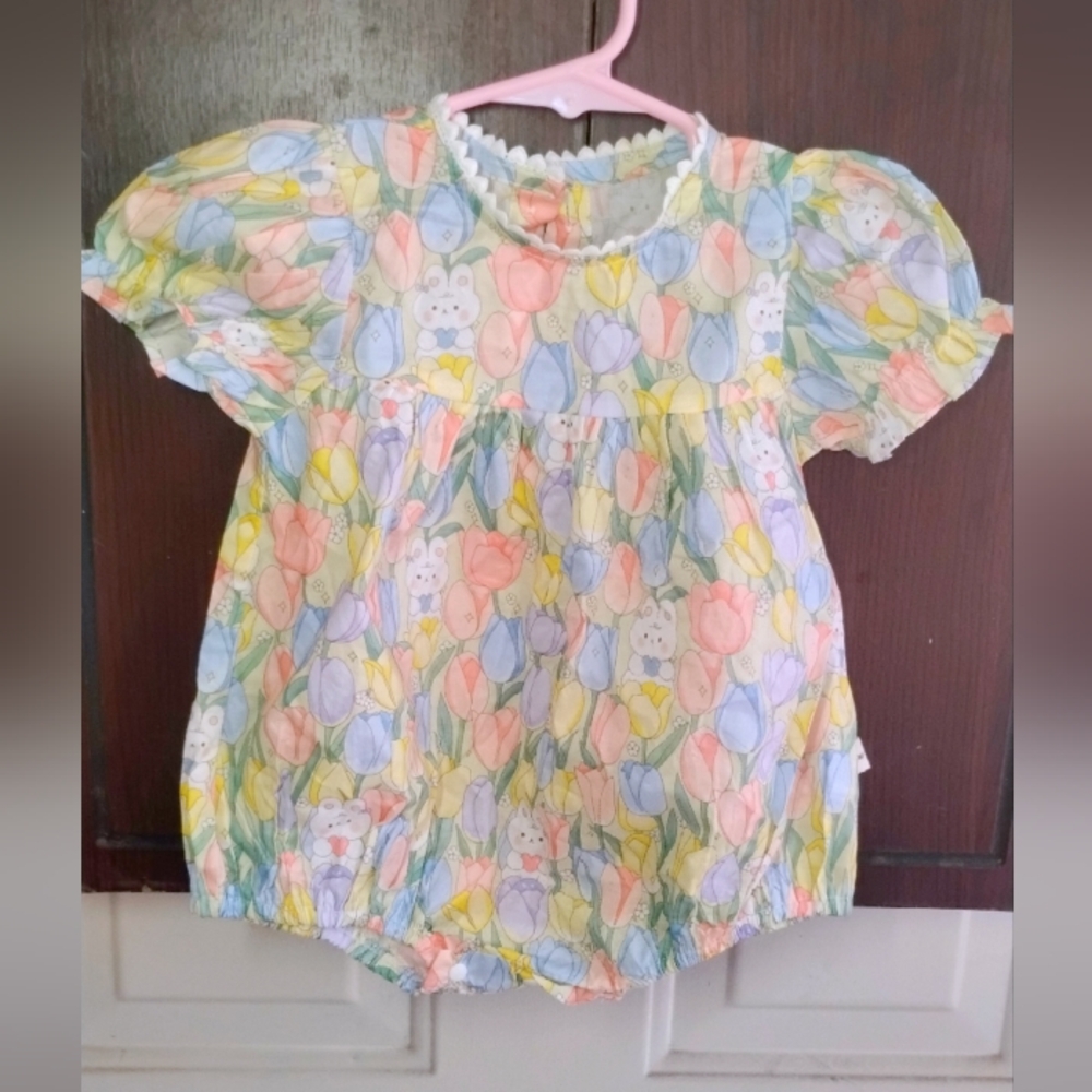 Adorable Bunny Playing In Tulips Romper